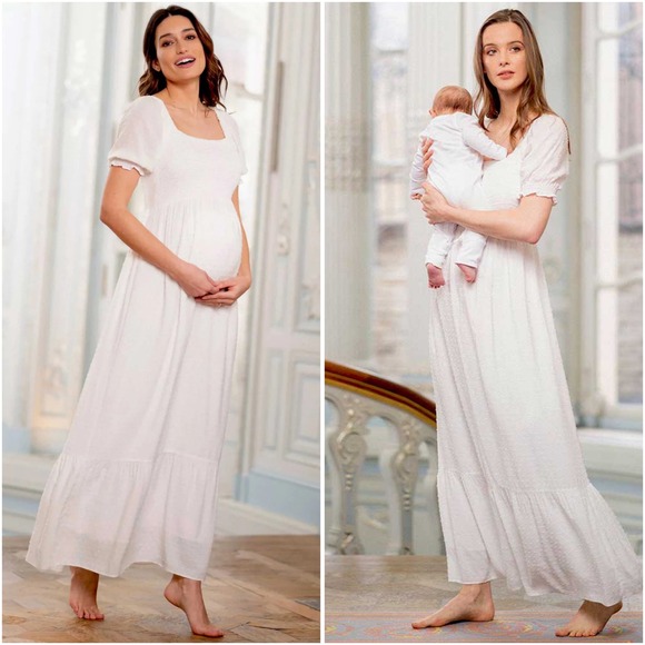 Seraphine Dresses & Skirts - Seraphine Shirred Maternity Nursing Maxi Dress White Swiss Dot US 14 baby shower